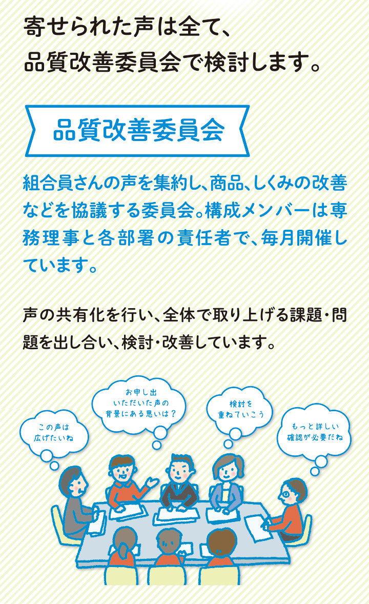 寄せられた声はすべて、品質改善委員会で検討します